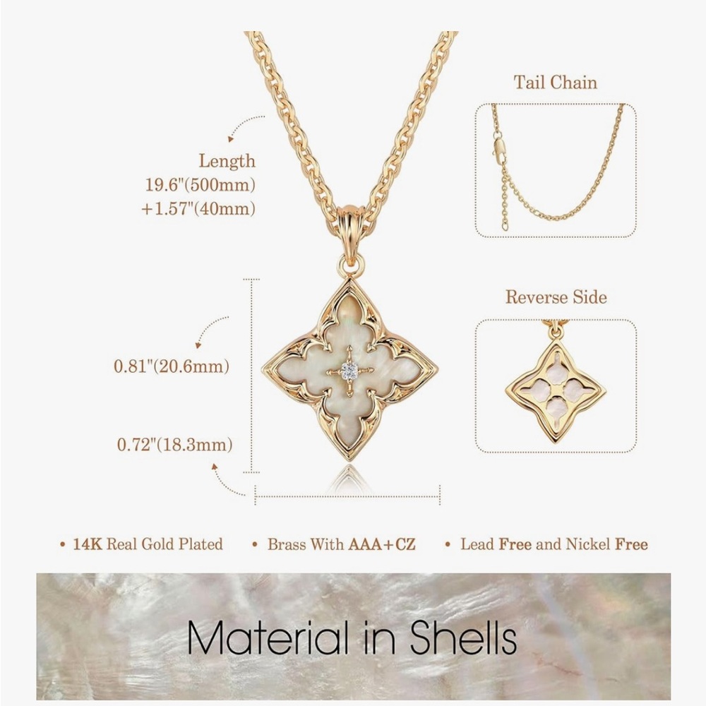 14K Gold Mother of Pearl Clover Necklace Lucky Pendant Chain Van Cleef Style - Picture 4 of 4